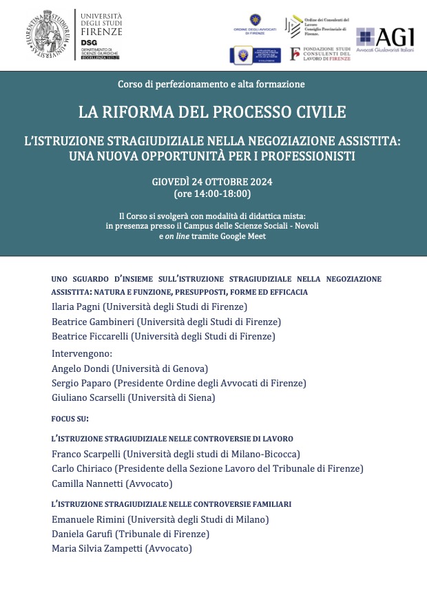 Corso di perfezionamento e alta formazione "La riforma del processo civile. l’istruzione stragiudiziale: una nuova opportunità per i professionisti"